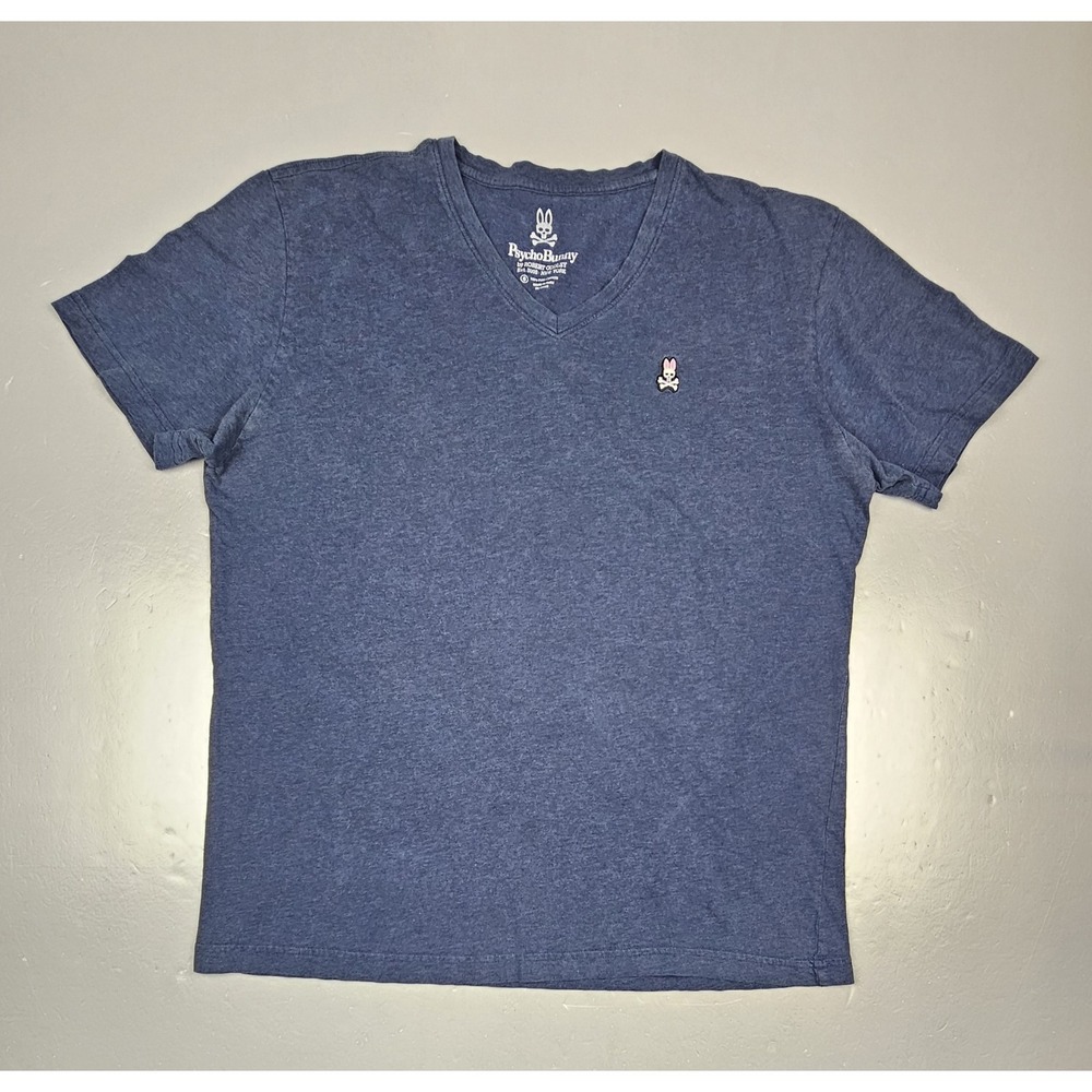Psycho Bunny Men's Navy Blue V-Neck T-Shirt with Logo